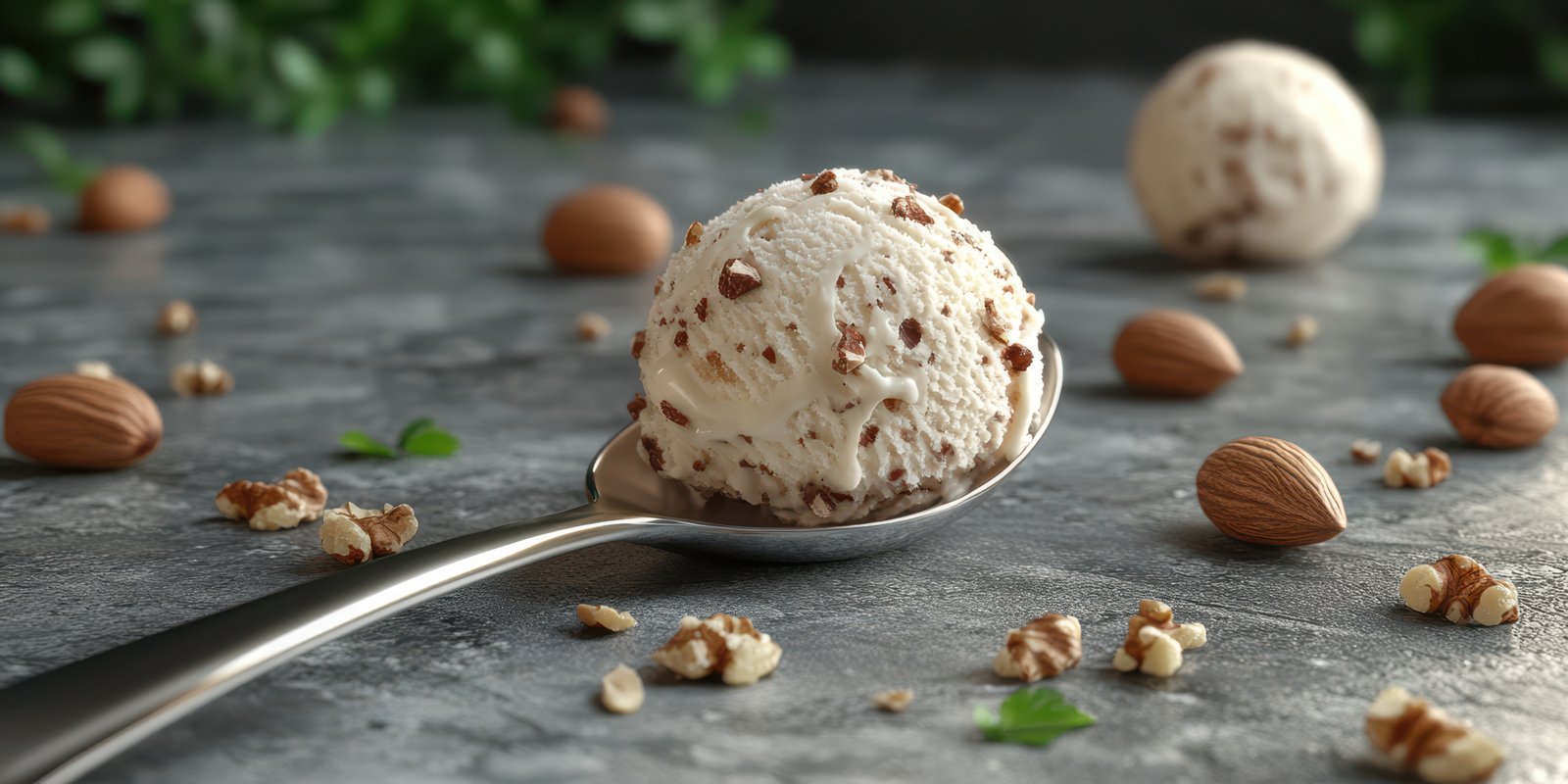 Delicious almond-flavored ice cream with toppings served on a metal spoon on a dark tabletop